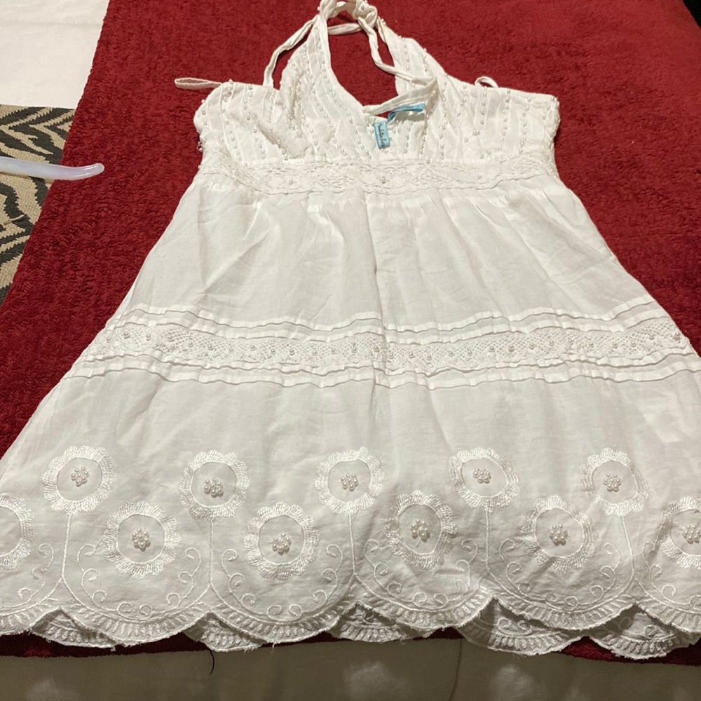White halter back cotton sun dress with pearly beads